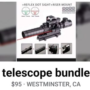 3x9 optics with built in rangefinder.Reflex red dot. Picitanny riser. red Lazer.